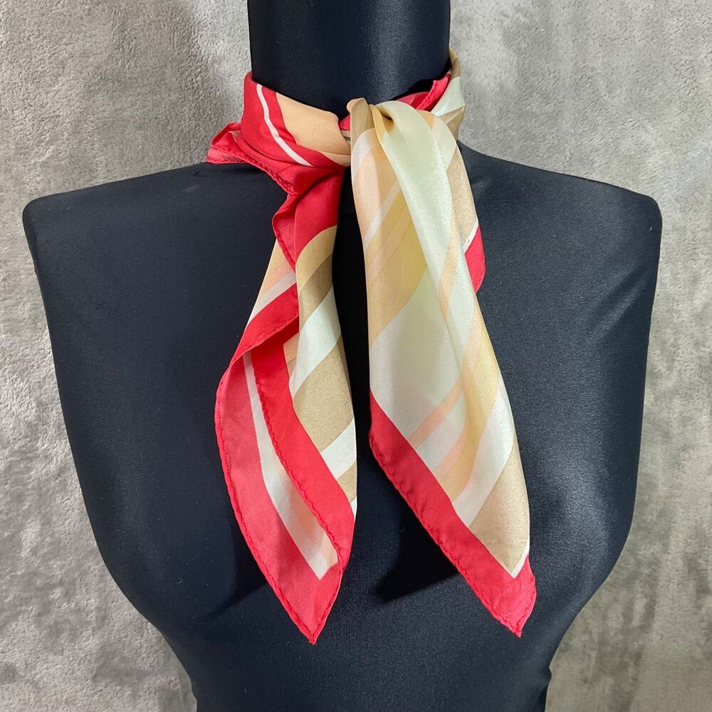 EDDIE BAUER 100% Silk Scarf 21" Square Red tan stripes *